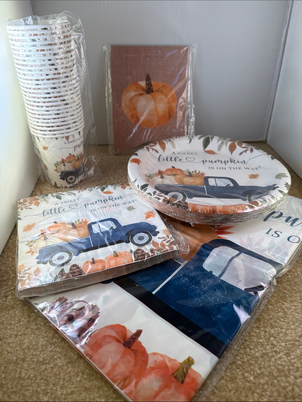 Fall Pumpkin Truck Party Paper Plates & Napkins Set - White & Orange
